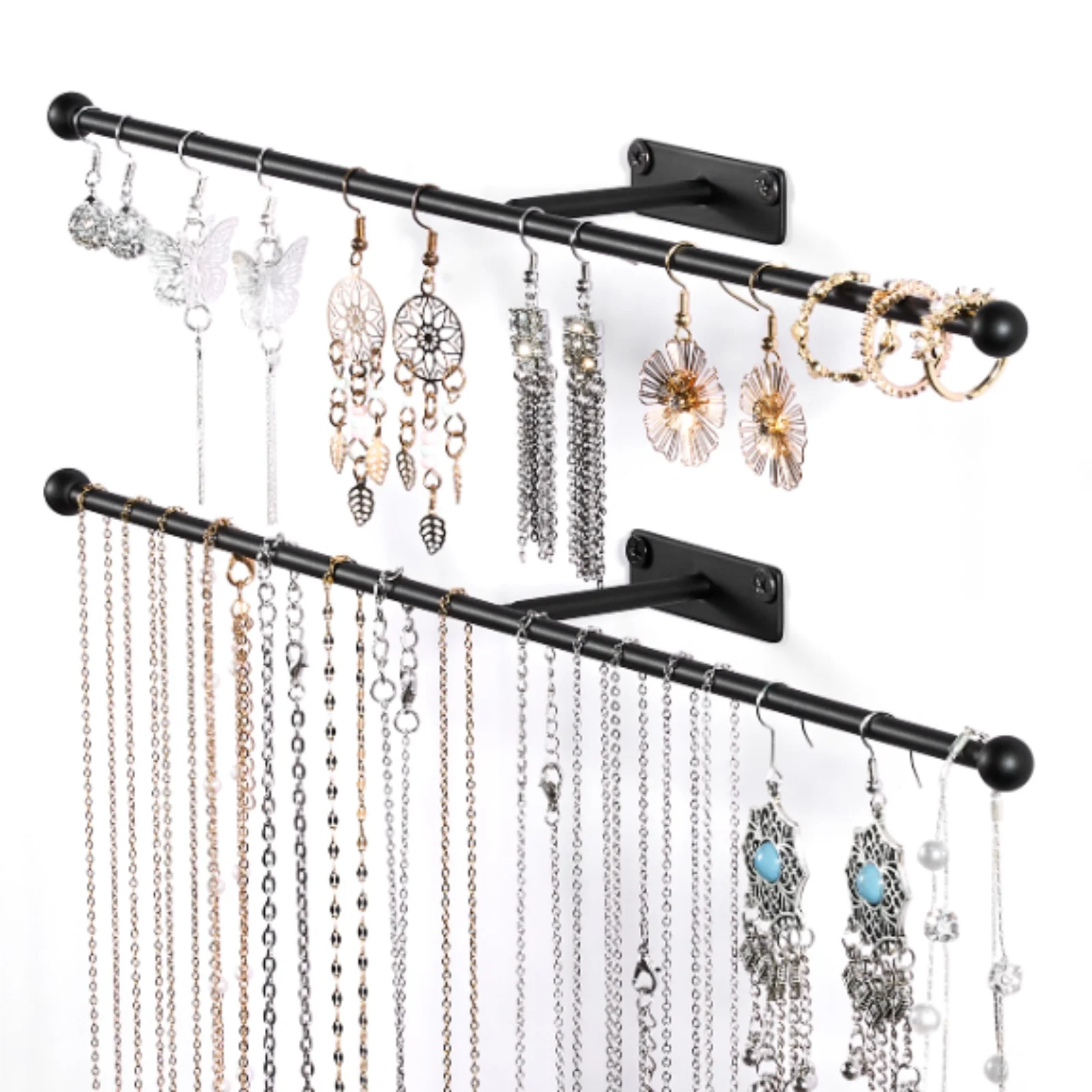 2pcs Wall Mounted Necklace Hangers Jewelry Storage Rack Earrings Bracelets Rings Hair Rings Glasses Organizer Rack with Screws