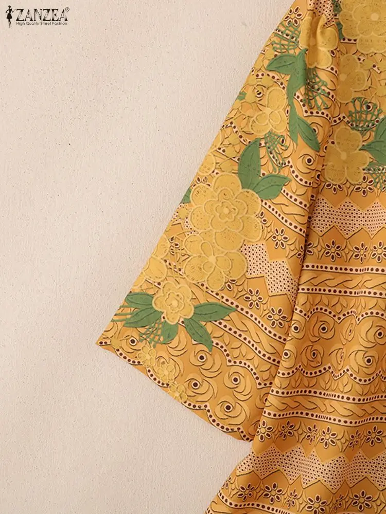 ZANZEA Womens Floral Printing Blouses 2025 Autumn Round Neck Half Sleeve Yellow Blouse Woman Vacation Everyday Casual Wear S-3XL