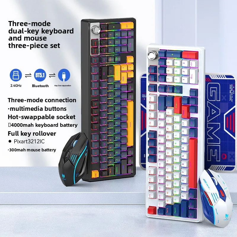 Tri-Mode Mechanical Keyboard Mouse Combo G Bluetooth Wireless Hot Swappable Gaming Set Rgb Backlight Rechargeable Battery Laptop