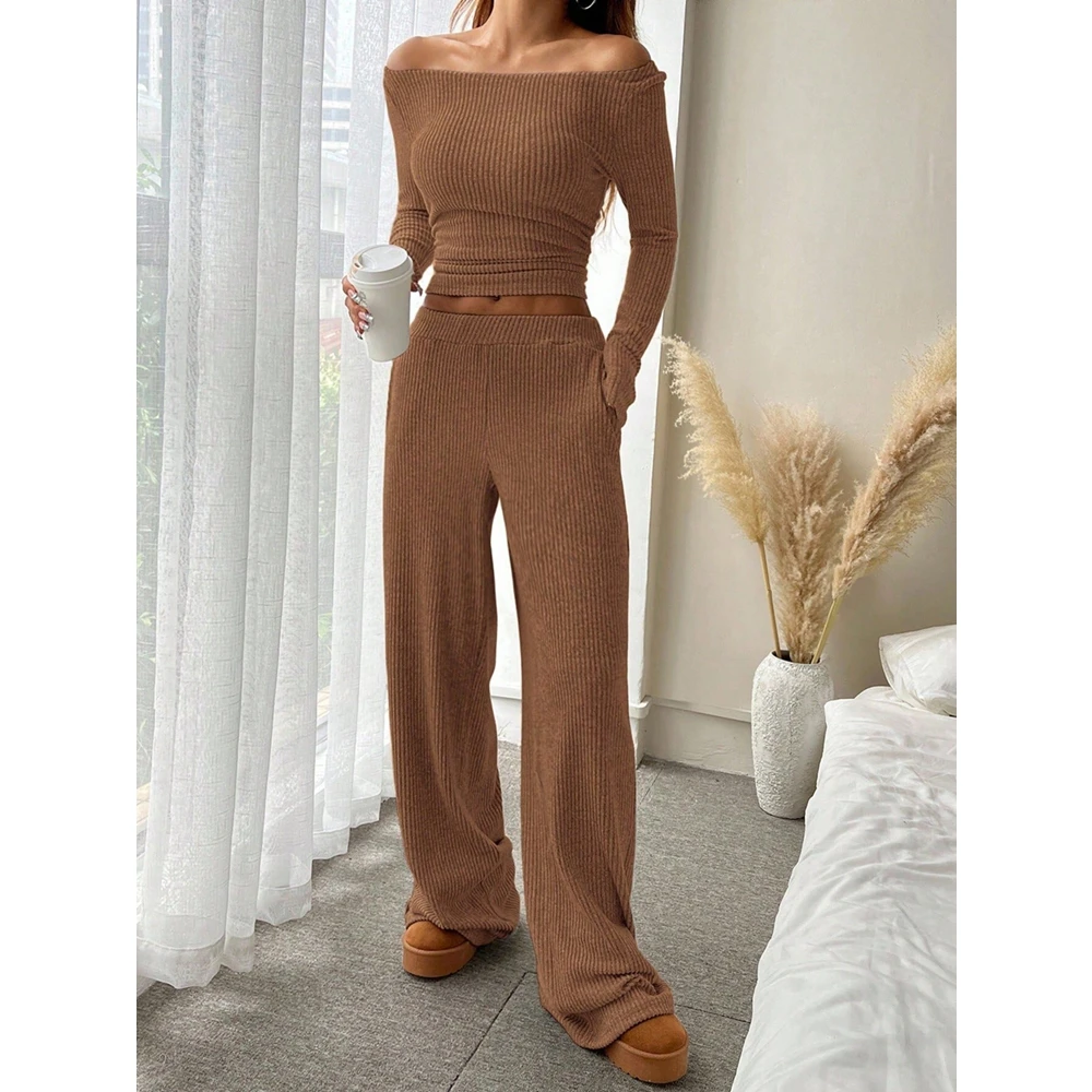 Women's Off Shoulder Ribbed Knit Two Piece Set – Long Sleeve Crop Top & Wide Leg Pants Lounge Wear
