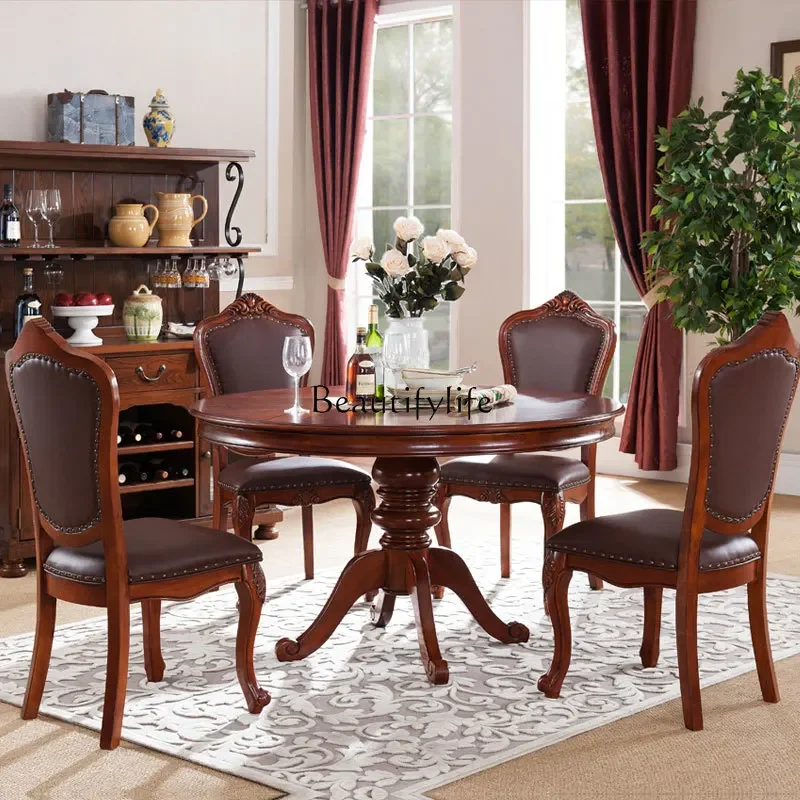 LJYAmerican solid wood disc dining table carved luxury dining table