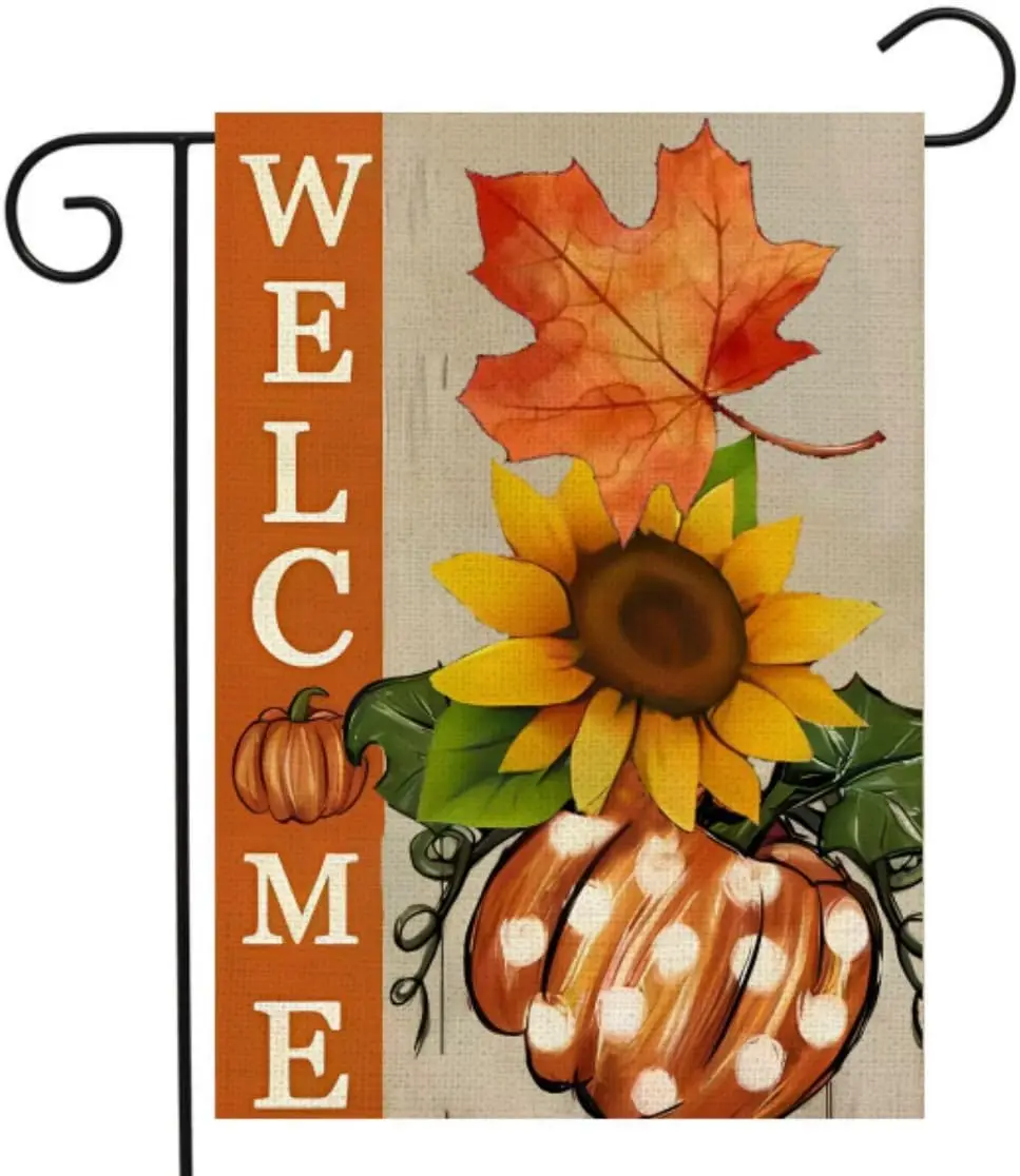 Autumn Welcome Pumpkin Patch Leopard Garden Flag, Pumpkin Maple Leaf Sunflower Double Sided linen 12x18 inch Garden Flag, Home T