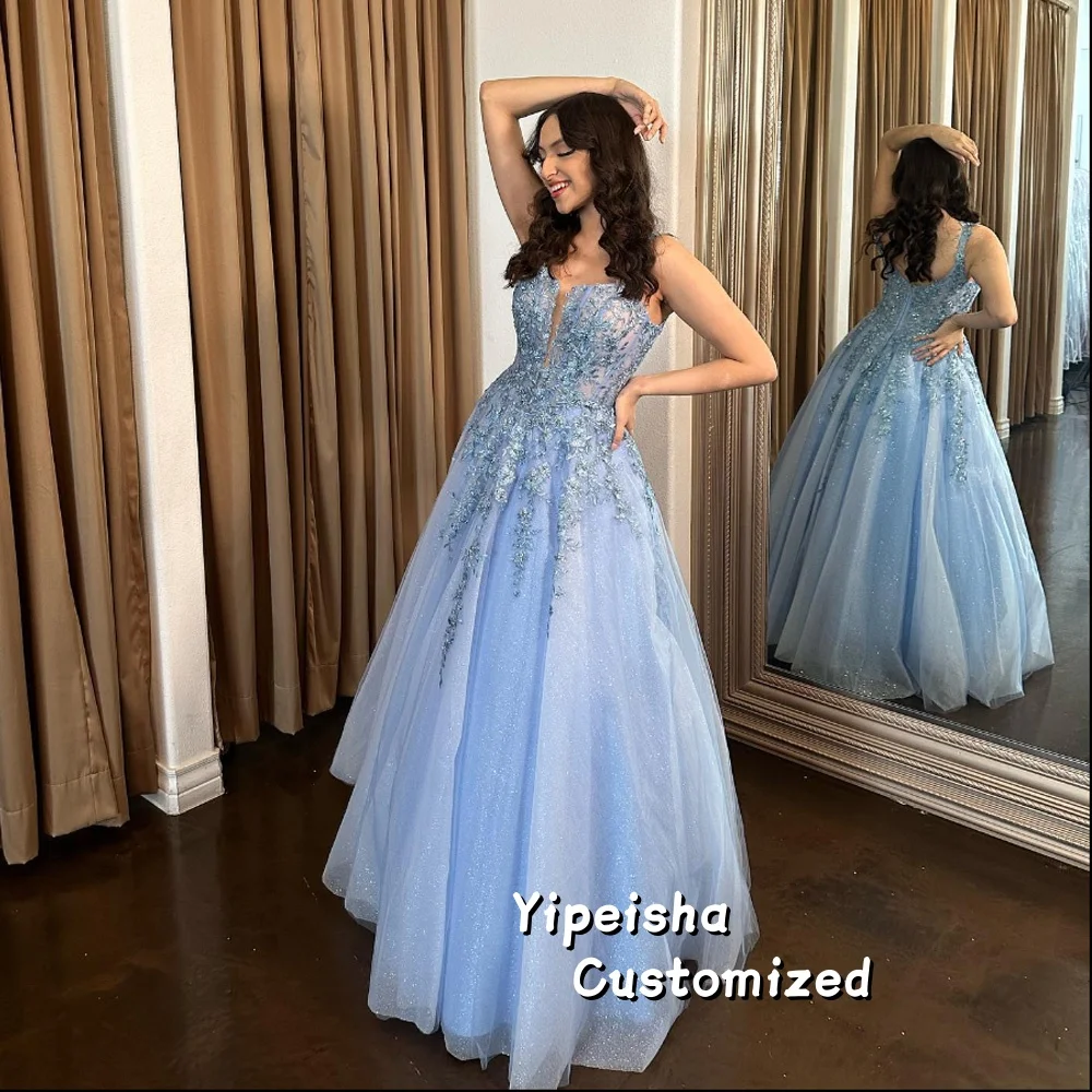 

Sparkly Spaghetti Straps A-line Evening Dresses Pleated Sleeveless Appliques Lace Prom Gown Customized شارون سعيد