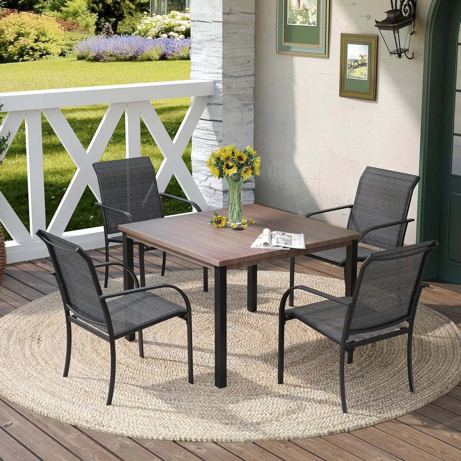 Outdoor Dining Set, Patio Dining Furniture Set includes Round Table with Adjustable Umbrella Hole and 6 Stackable Metal Chairs