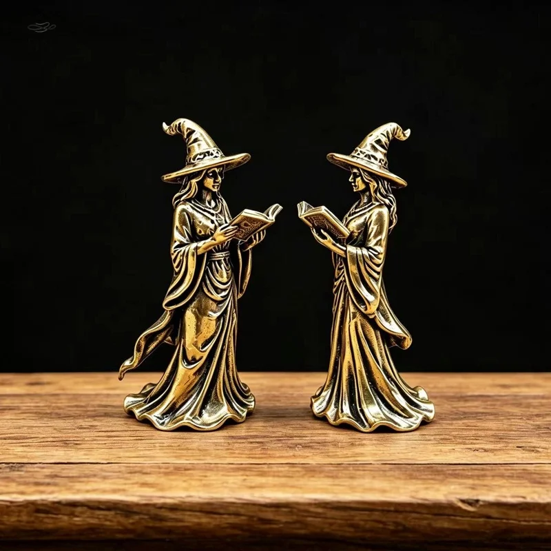 Brass Magic Witch Figurines Miniatures Desktop Ornaments Retro Metal Models Small Statue Home Decorations Crafts Accessories