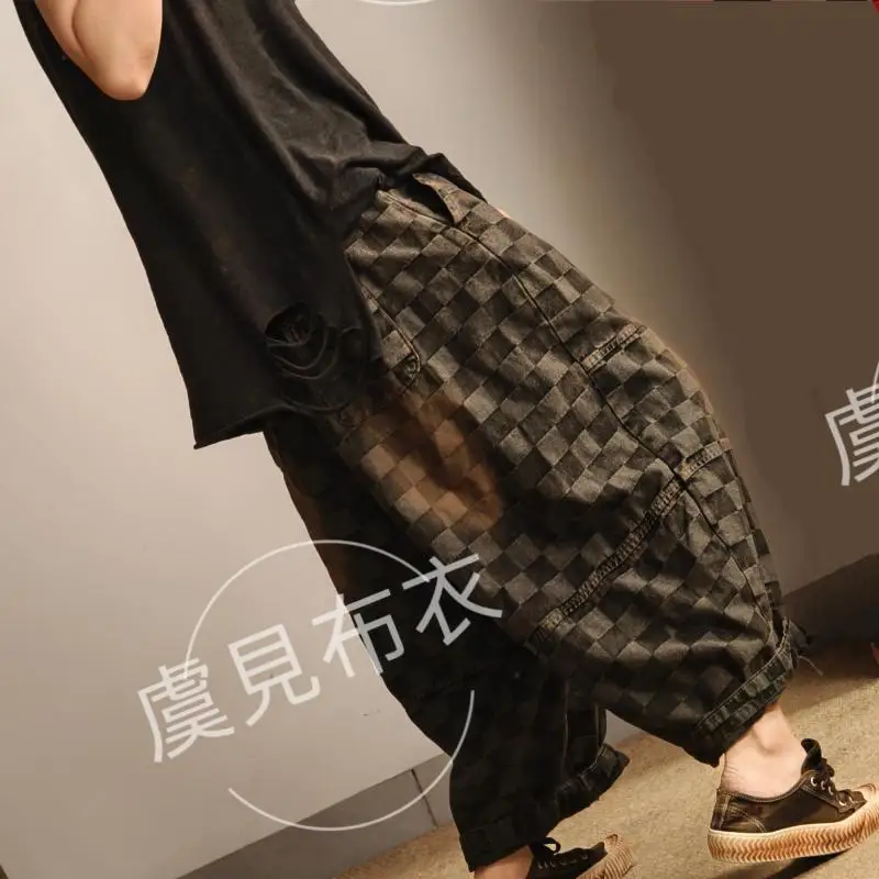 Autumn Arts Style Women Elastic Waist Cotton Denim Harem Pants Patchwork Design High Quality Vintage Plaid Casual Loose Jeans