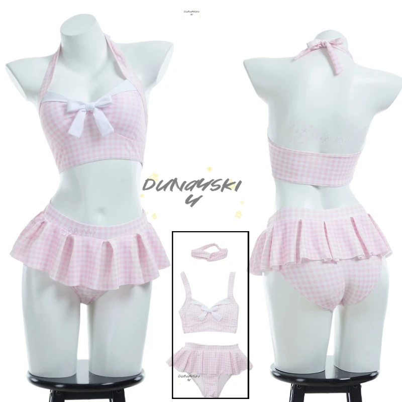 

Sexy Cos Women's Bikini Sets 50's Retro Vintage High Waist Plaid Self-Halter Bathing Suit with Headband