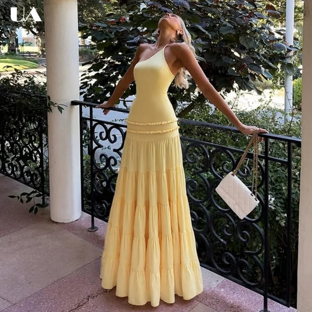 

Fashionable A-line Ruffled Maxi Dress with Asymmetrical Neck, Sexy Backless Long Dress for Woman, Trendy Sleeveless Party Dress
