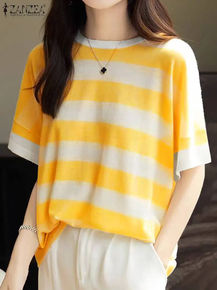 ZANZEA Women Striped T Shirt Summer Drop Shoulder Short Sleeve Round Neck Casual Loose Tops Plus Size