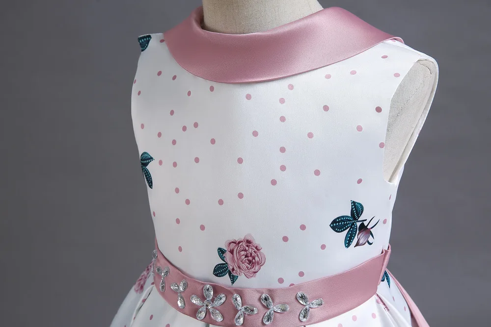 2-10Y Rose Floral Princess Turn-down Collar Sleeveless Sequins Belt Baby Girl One-piece Dress Kids Children Birthday Party Frock