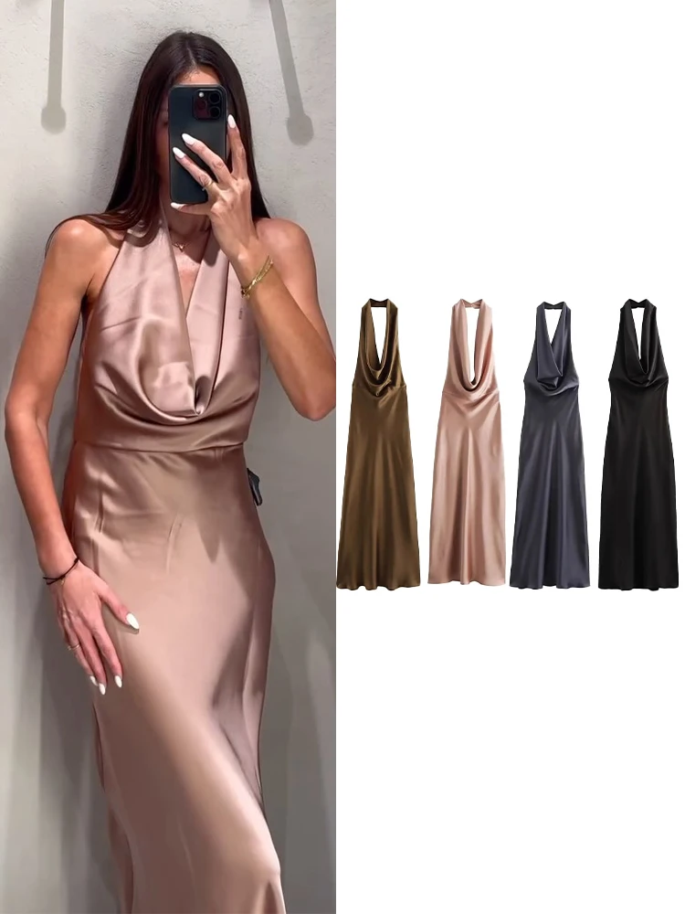 TRAFZA Summer Female Solid Big Neckline Dress Casual Backless Hanging Neck Dresses Women's Satin Sleeveless Ruched Dress Mujer