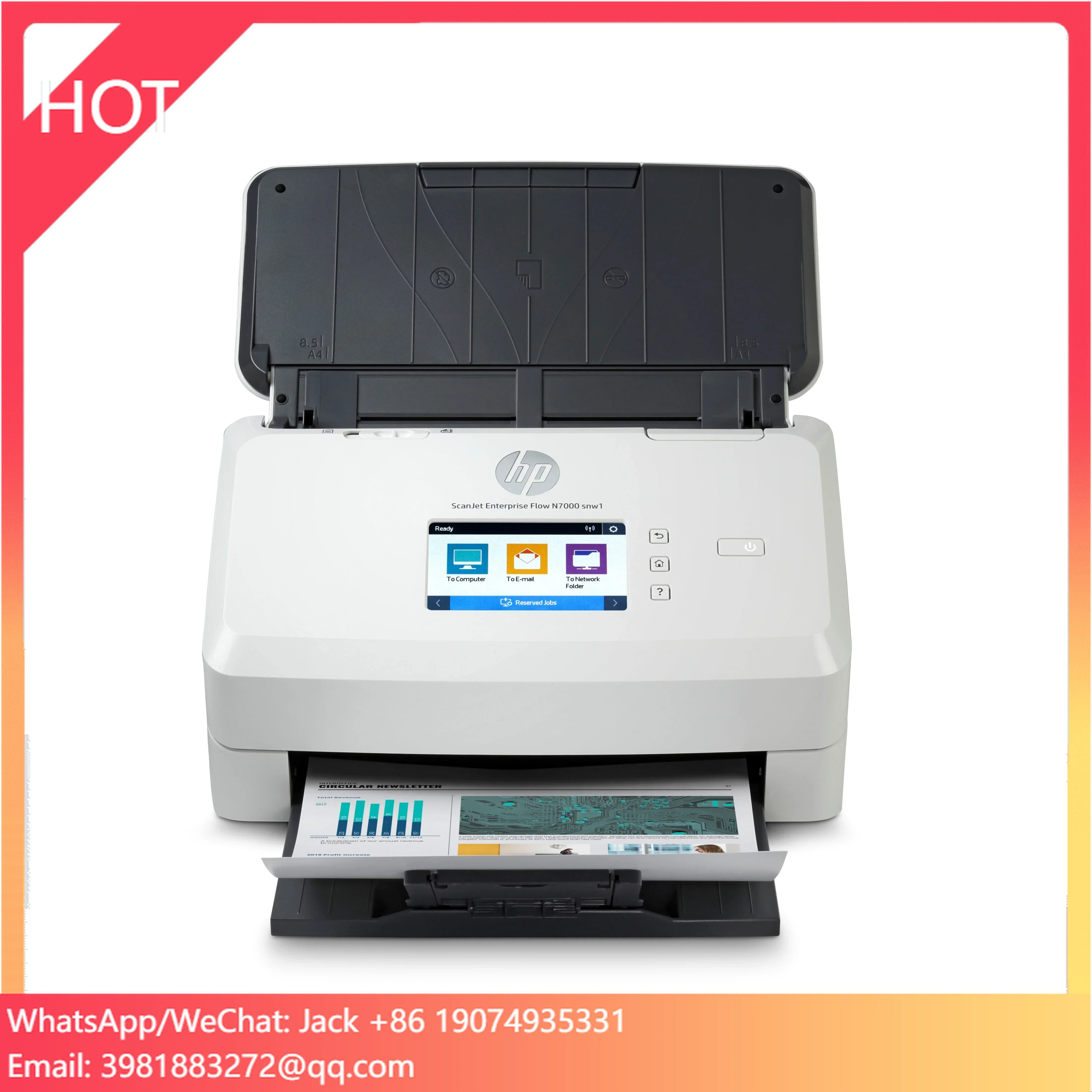 เครื่องสแกน ScanJet Enterprise Flow N7000 Snw1 ความละเอียด 600dpi ขนาด A4 ความเร็ว 75 หน้าต่อนาที พร้อมช่องใส่เอกสารอัตโนมัติ 80 แผ่น