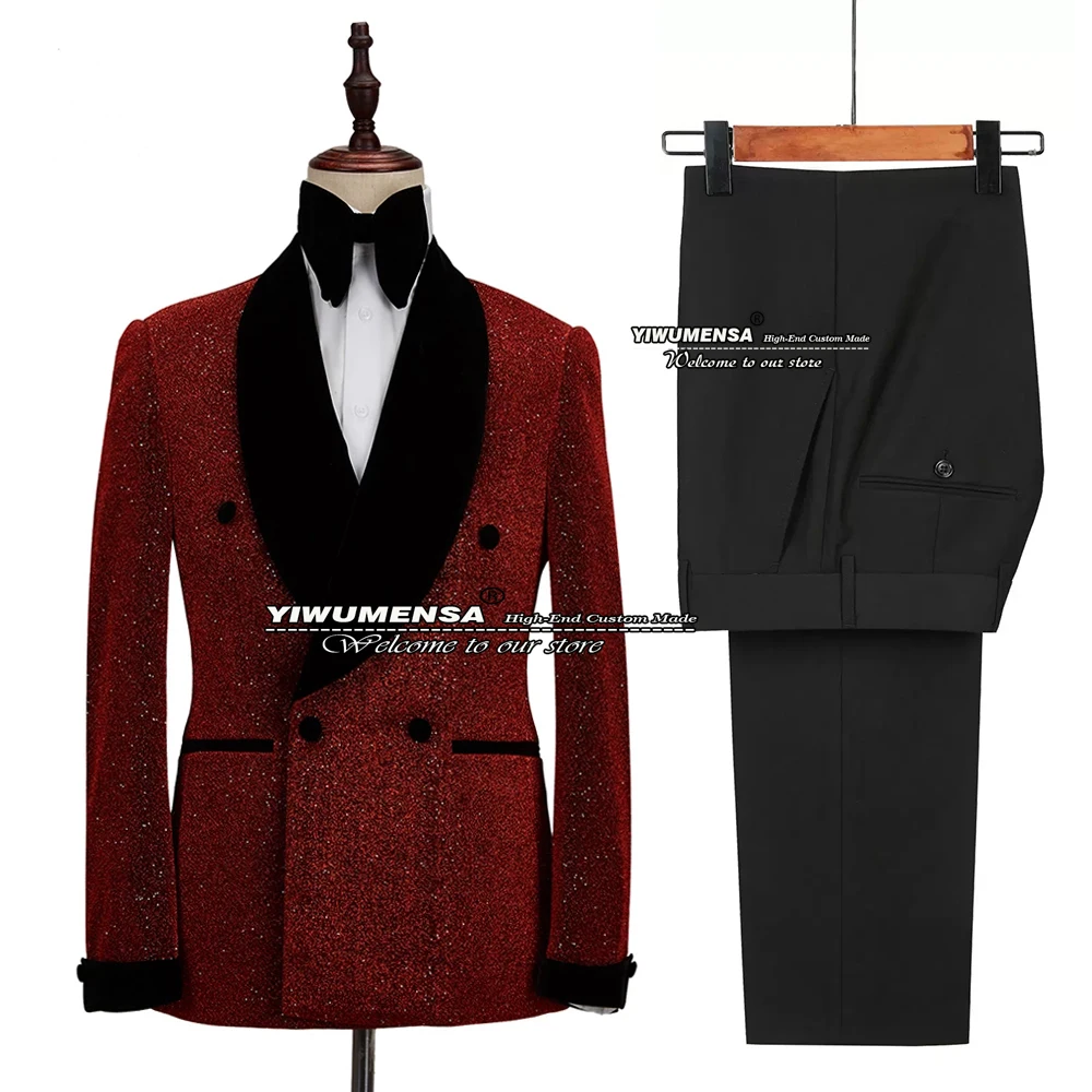 Glitter Red Sequins Mens Suits Groom Wedding Tuxedo Double Breasted Blazer Formal Business Prom Dress 2 Pieces Traje De Hombre