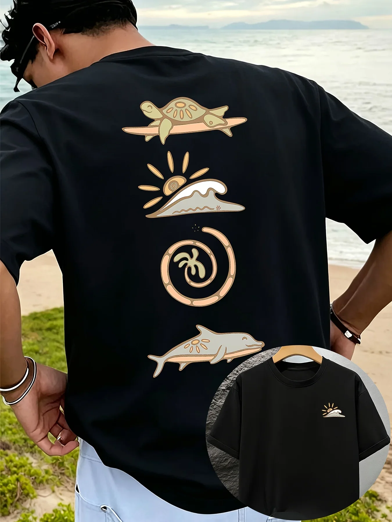 Men 100% Cotton Ocean Creature T Shirt Turtle Dolphin Wave Palm Graphic Print Hawaiian Beach Casual Streetwear Summer Tee