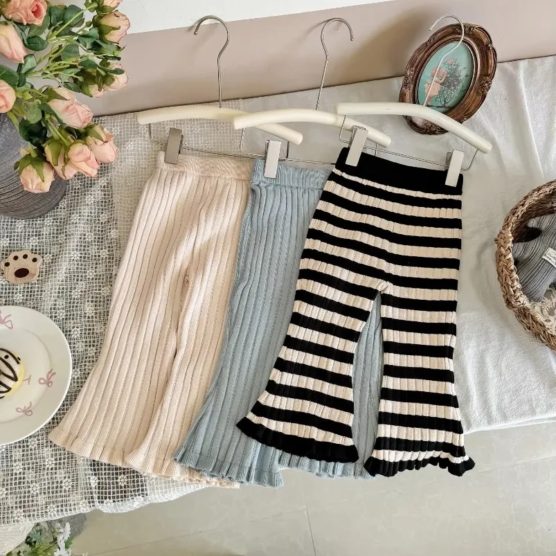 Autumn Baby New Girls Knitted Flare Pants Korean Style Striped Children Elatic 2024  Trousers