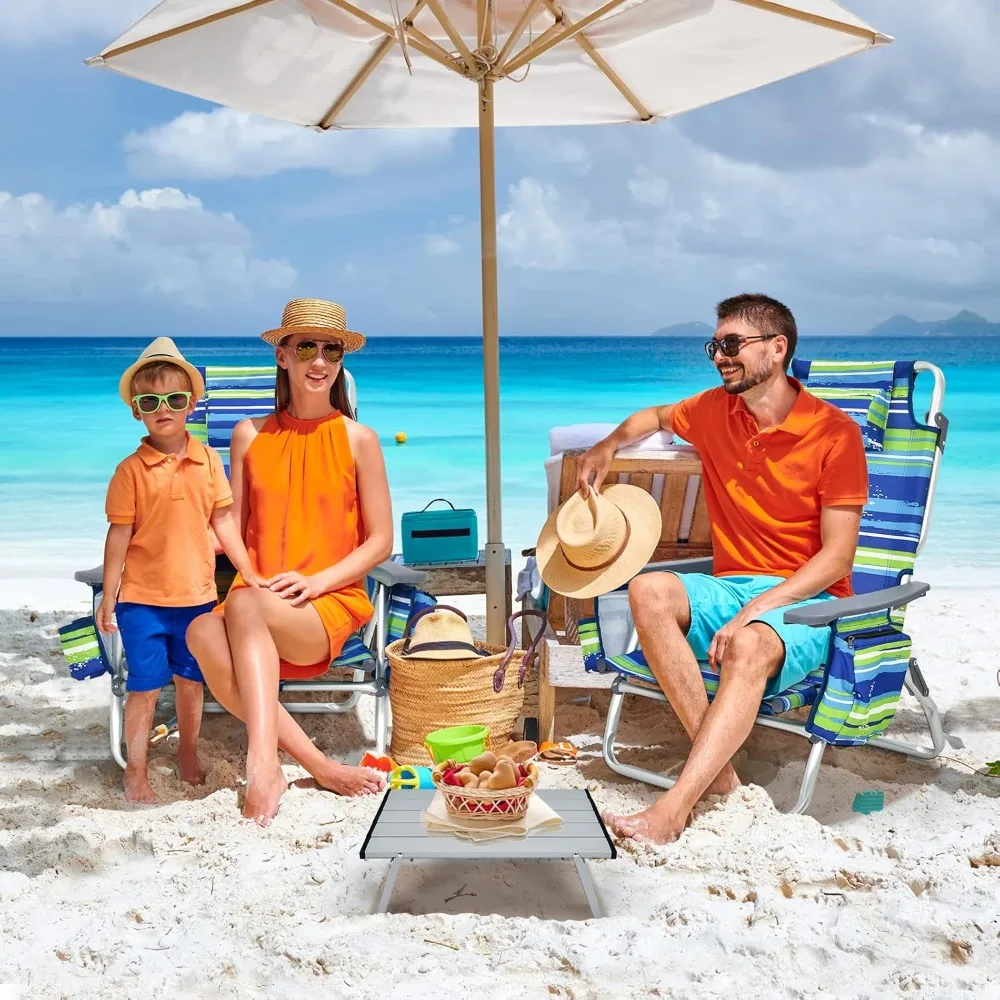 

Set of 2 Lightweight Folding Backpack Beach Chairs with Cooler Bag 5-Position Lay Flat Design 2 Cup Holders And Towel Bar