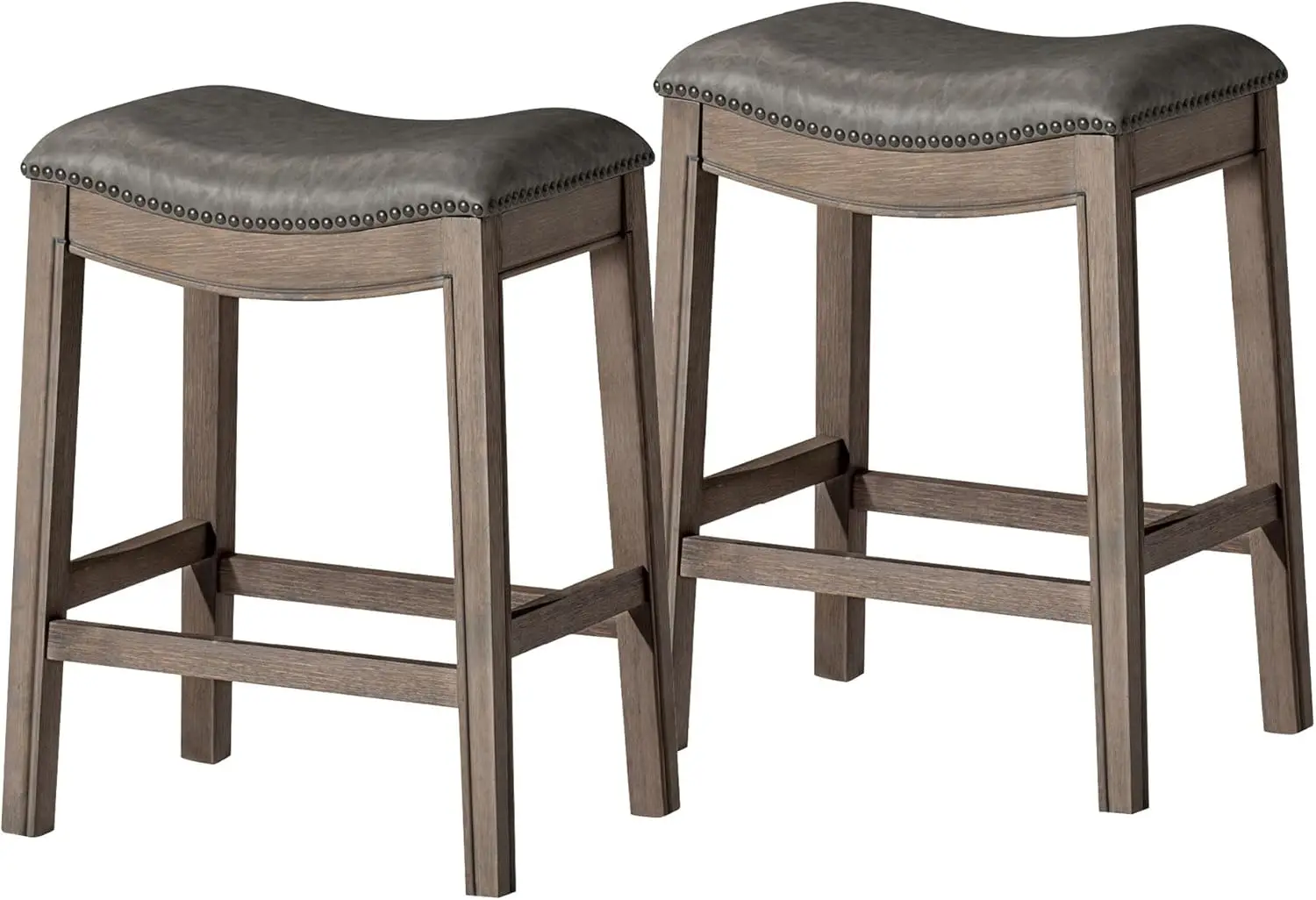 Adrien Backless Counter Stool – Set of 2 – 26 Inches – Saddle Stool with Footrest – Grey Solid Wood Frame & Grey Faux Lea