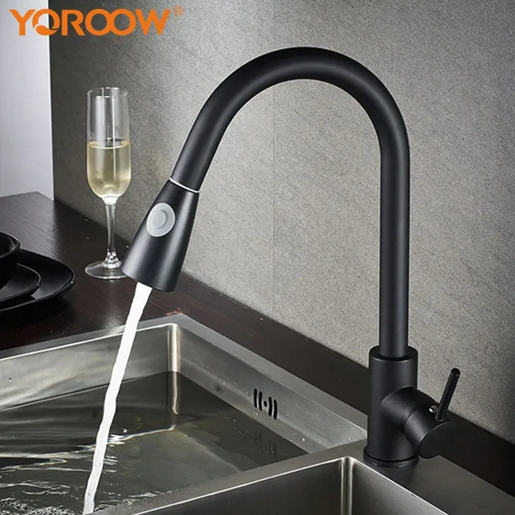 Good Quality 304 Stainless steel Kitchen Sink Faucets with Pull Down Sprayer Single Handle Black Pull Out Kitchen Faucet