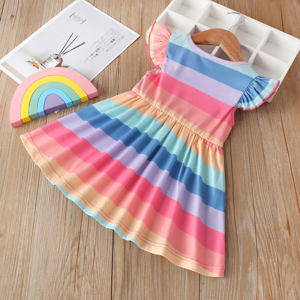 

Rainbow Stripe Dress Sleeveless Lace Size 100Cm Fashionable Summer Spring Casual Kids Girl Dress Breathable