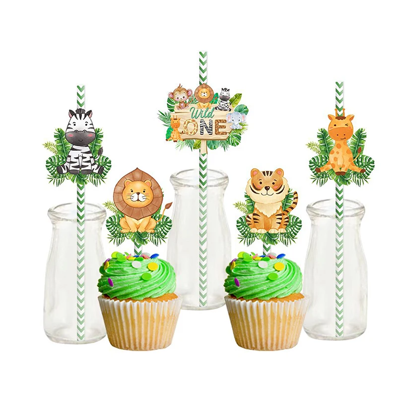 24 Stuks Creatieve Cartoon Jungle Dier Rietjes Wegwerp Papieren Rietjes Feest Decoratie Rekwisieten Keuken Drinkwaren Accessoires