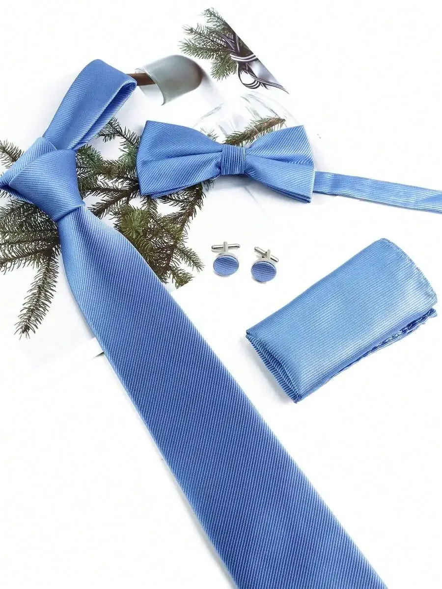 

Mens Light Blue 4-Piece Necktie Set With Bow Tie Pocket Square And Cufflinks For Wedding Groom Party