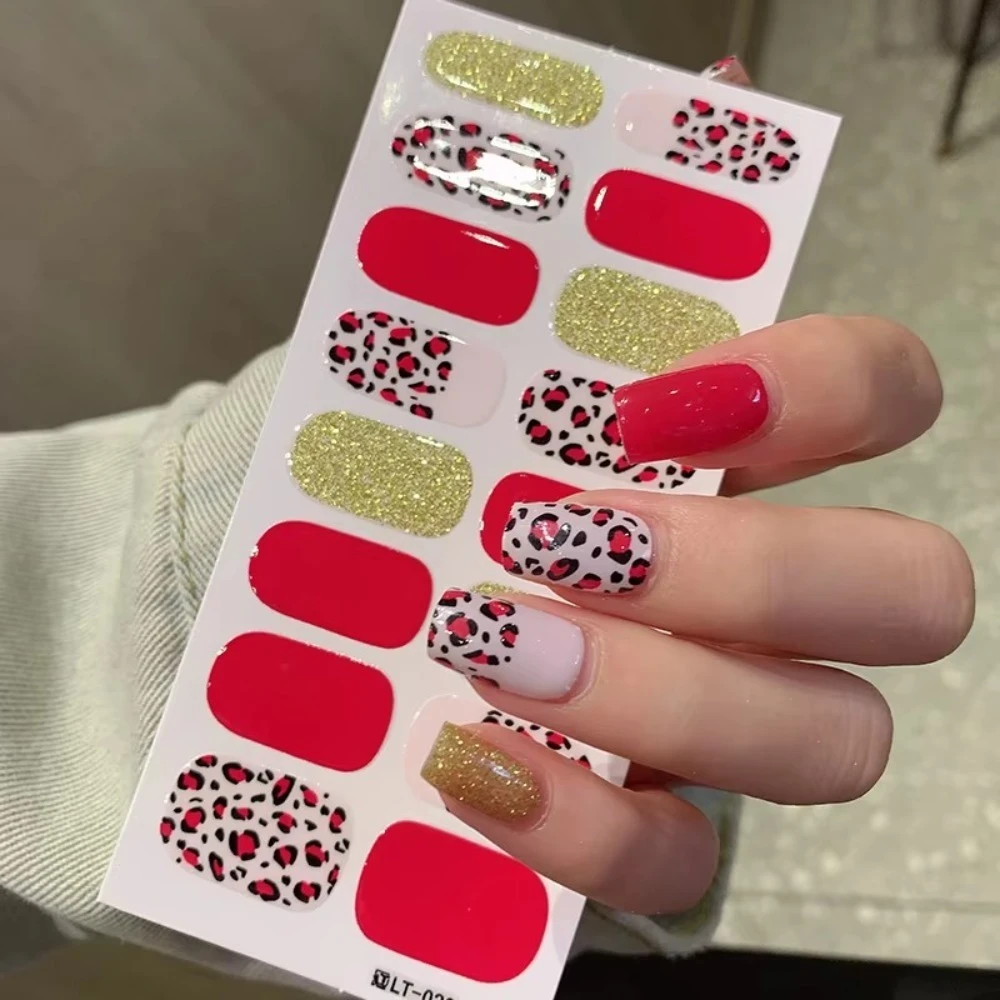 32 Strips Autumn Nail Stickers Full Cover Semi Cured Nail Patch Long Lasting Leopard Print Gel Nail Polish Strips