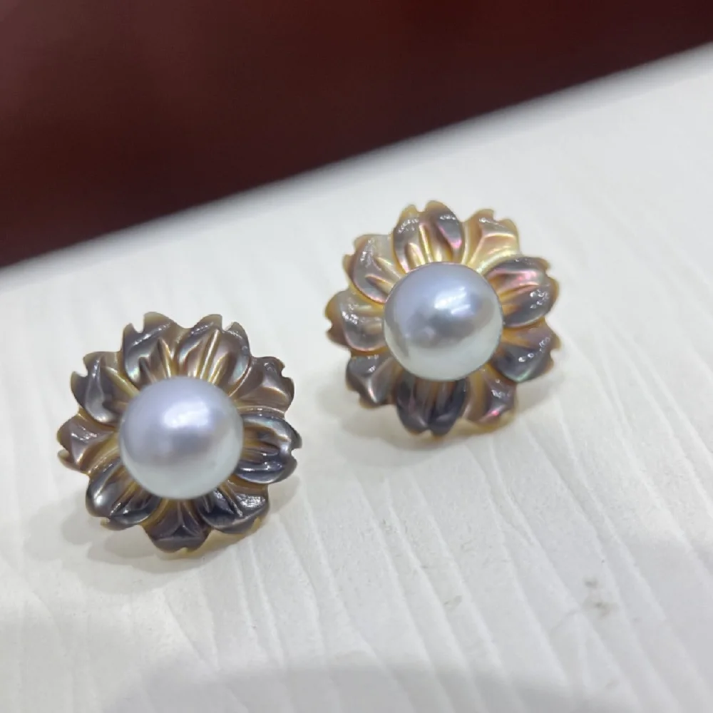 New Pearl Earrings AAA5-6mm 6-7mm Natural South Sea Round Pearl Earrings 925s Free Delivery