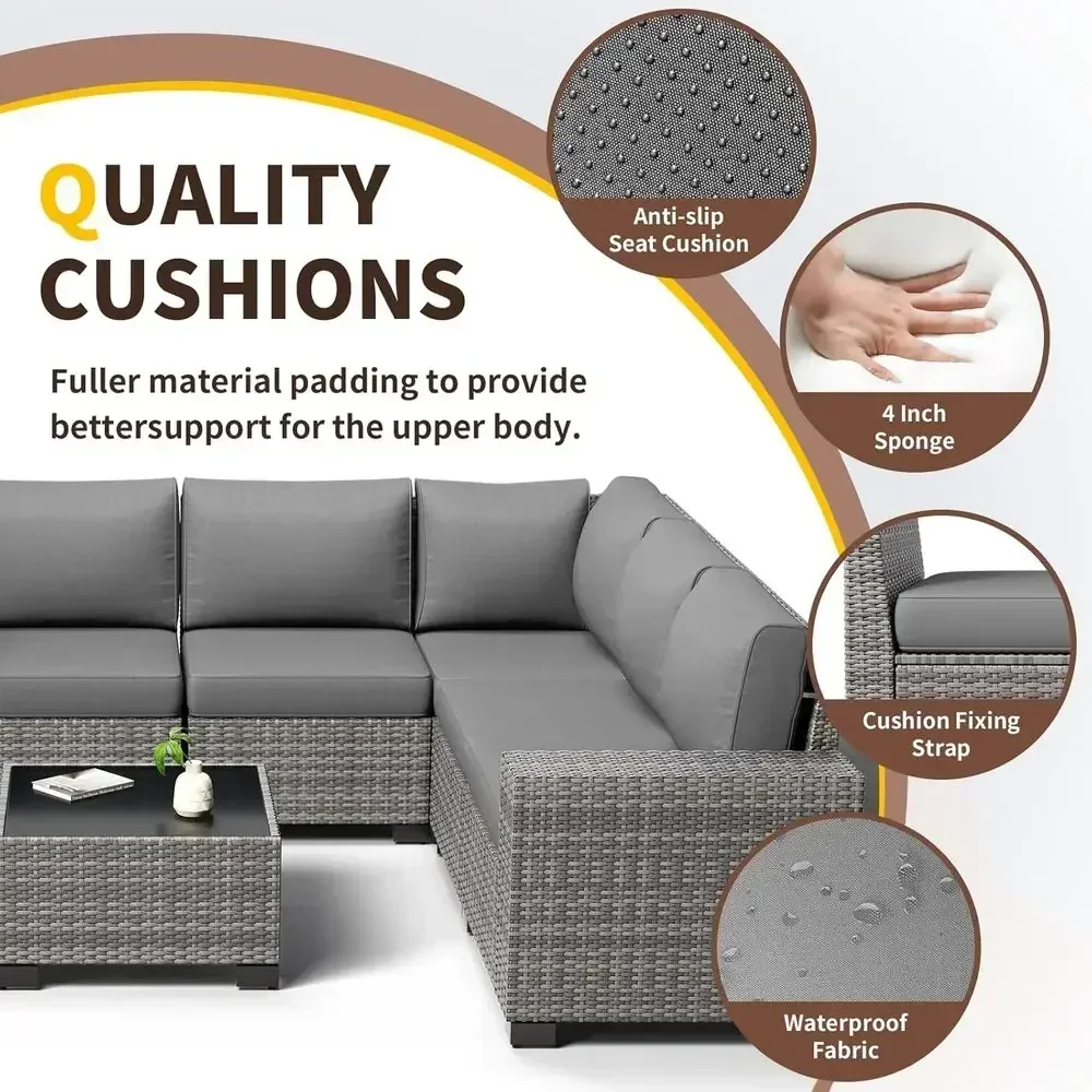 8-Piece Grey Outdoor Sectional Rattan Sofa Set with Coffee Table, Thick Cushions, and Cover for Patio, Balcony, Deck