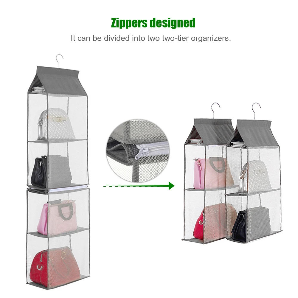 4-Tiers Non-woven Detachable Closet Bags Organizer Handbags Hanging Shelf Clothing Accessories Storage Holde