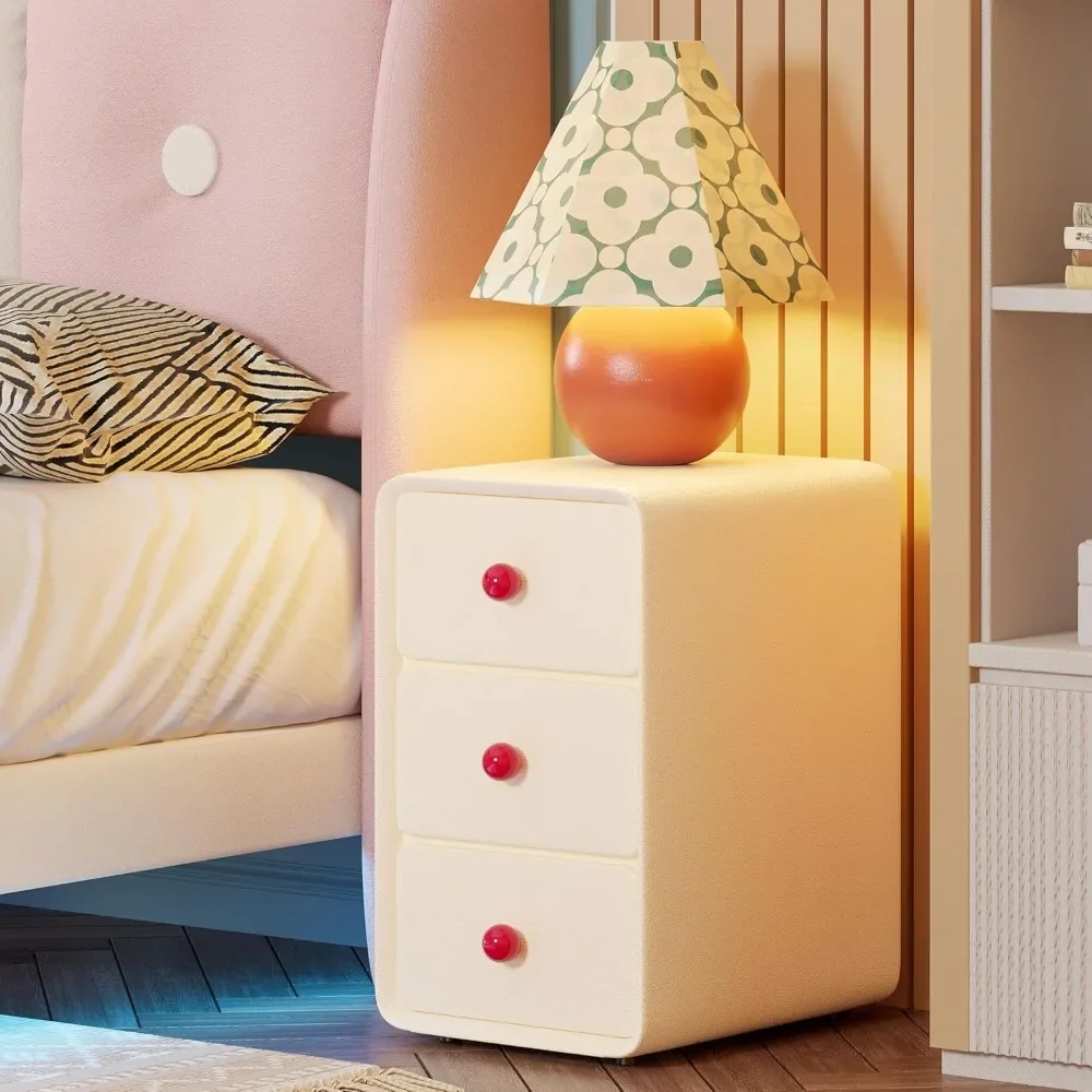 

Modern Leather Night Stand, Narrow Beside Table with 3 Drawers and Silent Slides, Cream Style Small Side End Table for L