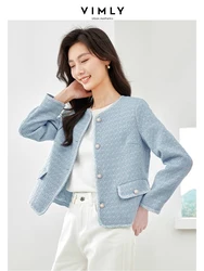 Vimly Cropped England Style Tweed Jacket Women 2024 Spring Office Lady Elegant Blue O-neck Single Breasted Straight Coat V7621