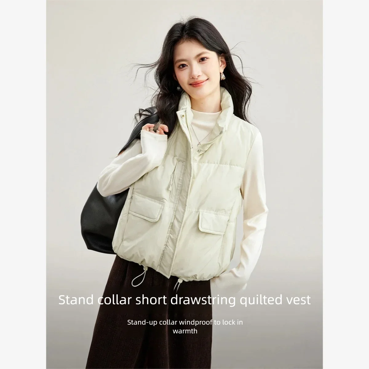 VIMLY Women's Orange Quilted Vest Autumn Winter Loose-fit Warm Stand Collar Short Outerwear Fashion Elegant Sleeveless Top 31803