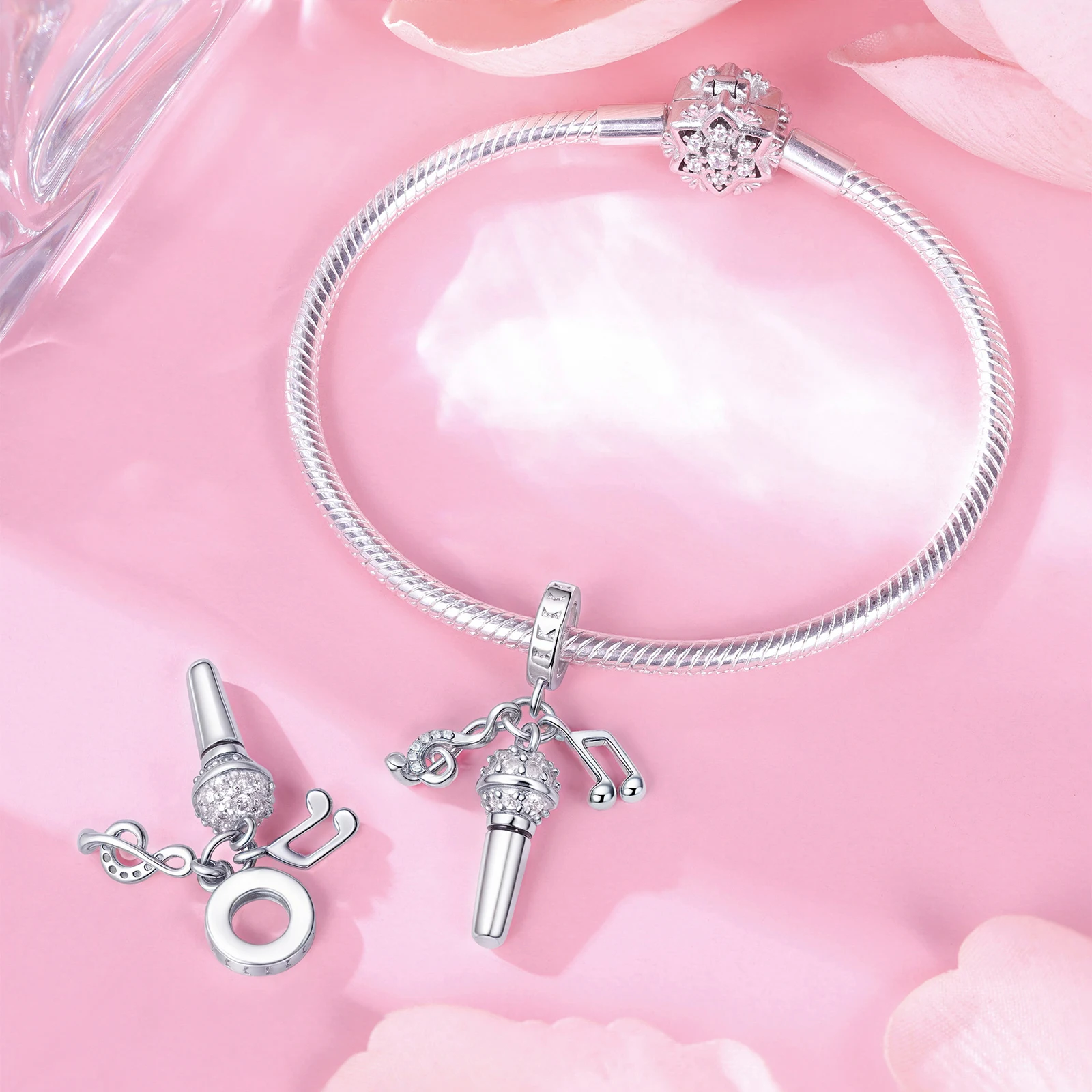 925 Sterling Silver Charm Melody Life Singer Microphone Music Pendant for Women Fit Original Bracelet Necklace DIY Accessories