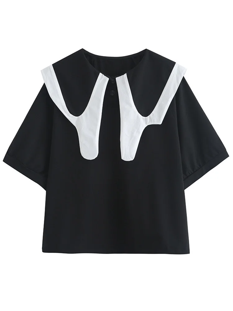 [EAM] Women Black Color-block Big Size Casual T-shirt New Round Neck Half Sleeve Fashion Tide Spring Summer  2024 1DE7645