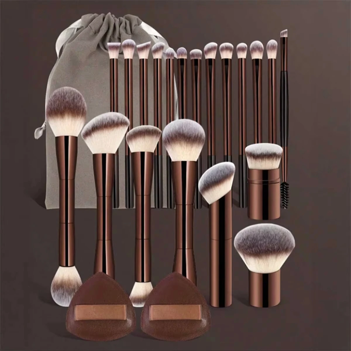 

22-piece professional makeup tool set, including a velvet storage bag, 20 soft long aluminum tube makeup brushes + 2 powder puff