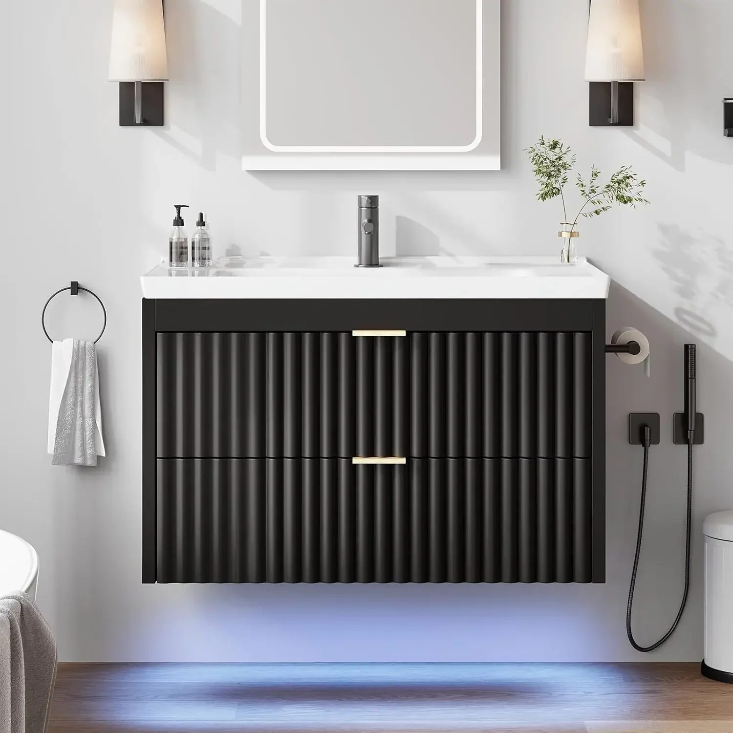 

24 Inch Bathroom Vanity with Sink, Floating Bathroom Vanity with LED, Wave Line Design, 2 Soft-Close Drawers, Wall Mounted Cabin