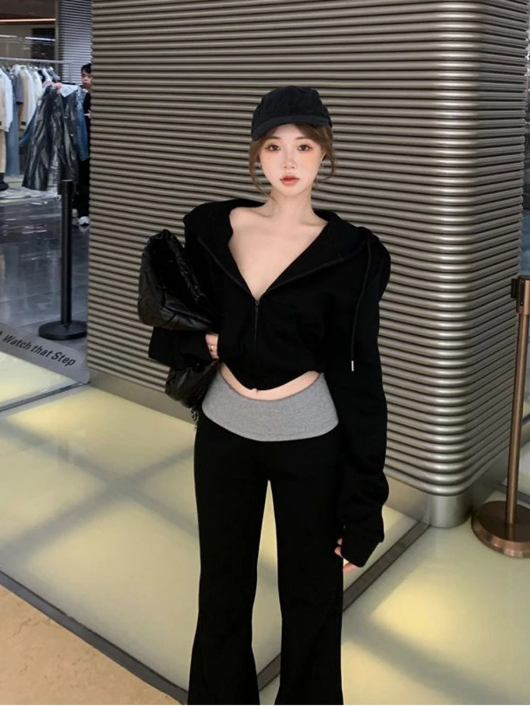 

Casual Retro Lazy Hooded Long Sleeve Sweatshirt Jacket 2026 Spring Color Block Micro Flared Pants Two Piece Set Women's Fashion