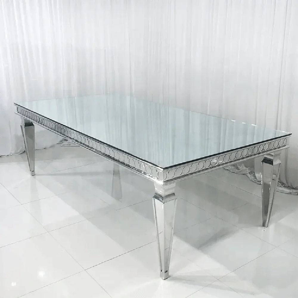 Luxury stainless steel silver rectangle tables event glass mirror dining table for wedding