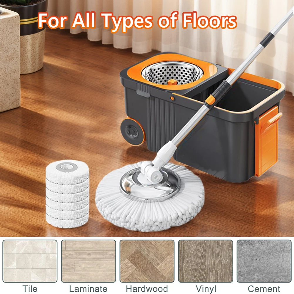 Rotary Mop Set with 6 Replacement Head Refills Extended Handle Hand-Free Automatic Dehydration Mop Cleaning Spin Mop with Bucket