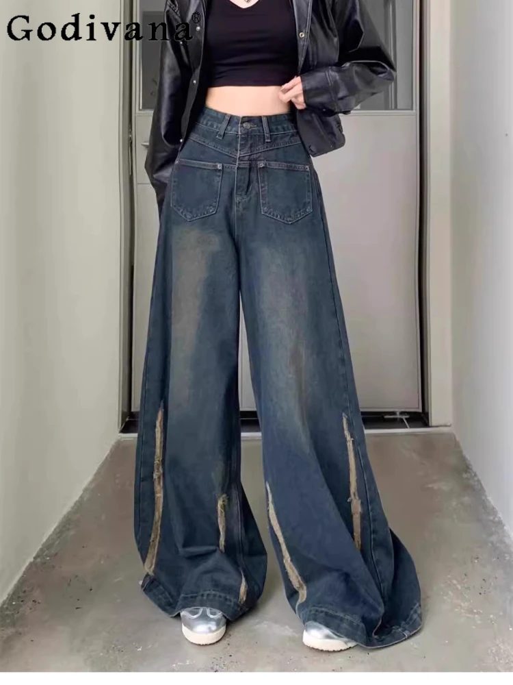 

Large Size 2XL-6XL Retro Blue American High Waist Leisure Jeans Women Autumn Personalized Street Loose Versatile Wide-leg Pants