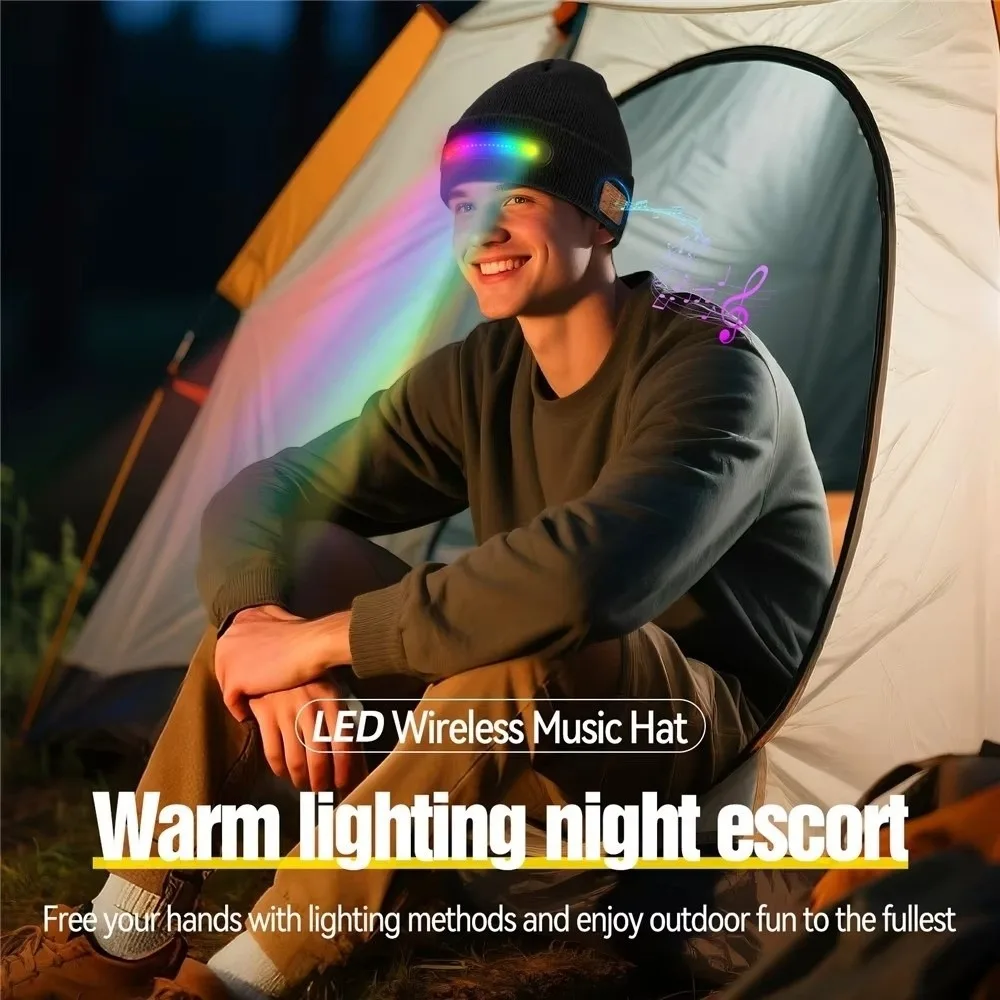 USB Rechargeable LED Lighted Beanie Hat Built-in Speaker Mic Detachable Smart Bluetooth Beanie Three-Stage Lighting Knitted Hat