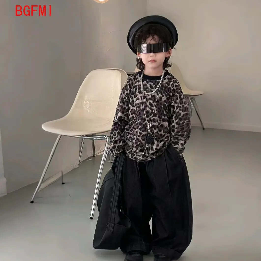 Boys outfits 2026 Spring Autumn New Korean Edition Children's Baby Fashion PU Vest+Leopard Pattern Bottom Shirt+Jean 3-Piece Set