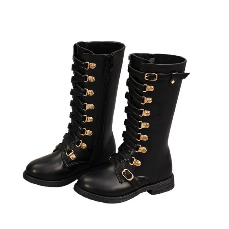 Children Boots Girls Warm Fashion Metal button Knee-high Boots Quality Leather Waterproof Warming High-top Plush Boots