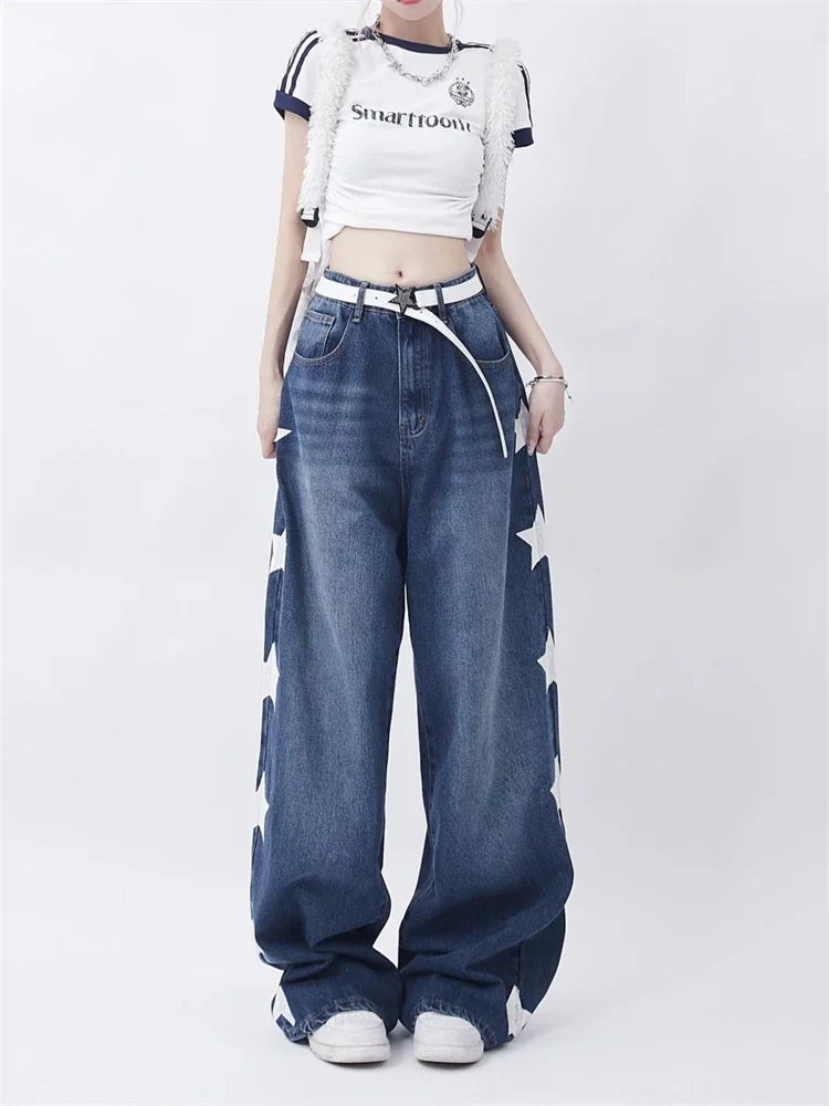 Women's Star Print Pattern High Waist Blue Jeans Street Cool Girl Bottoms Wide Legs Pants Female Fashion Denim Trousers