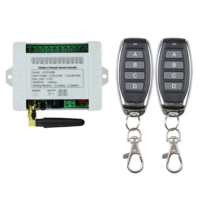 A42T-DC 12V 24V 36V 10A 433Mhz 4 Channel Wireless Relay RF Remote Control Switch Receiver+4CH Transmitter,4 Receiver 8 Remote