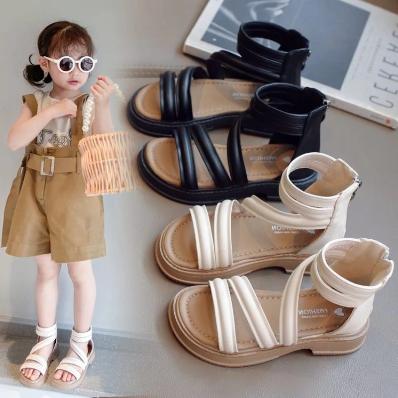 

Children's Sandals Girl Summer Solid Color Princess Causal High-top Sandals Fashion Open-toe Kids Thick Bottom Roman Sandals Zip