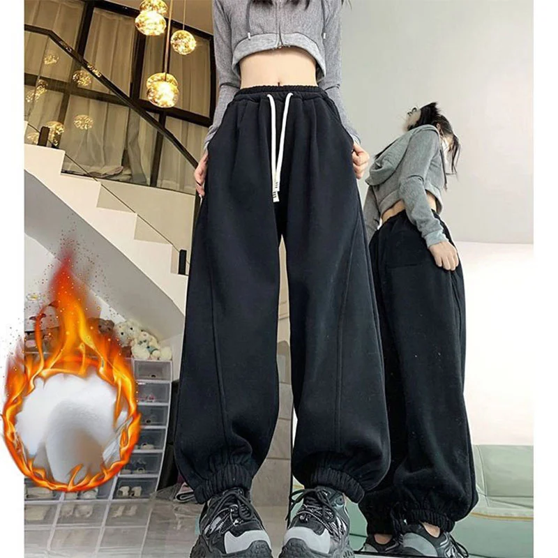 Sports Sweatpants Women Winter New High Waist Thermal Plus Fleece Wide Leg Drawstring Casual Elastic Waist All-match Trousers