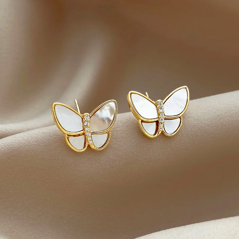 2023 New Classic Inlaid Shell Butterfly Gold Color Stud Earrings For Women\'s Fashion Elegant Jewelry Party Luxury Accessories