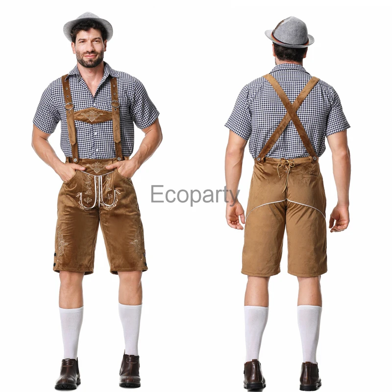 New German Oktoberfest Costume For Men Beer Lederhosen Top Suspenders Shorts Hat Set Male Tradition Bavarian Party Outfits