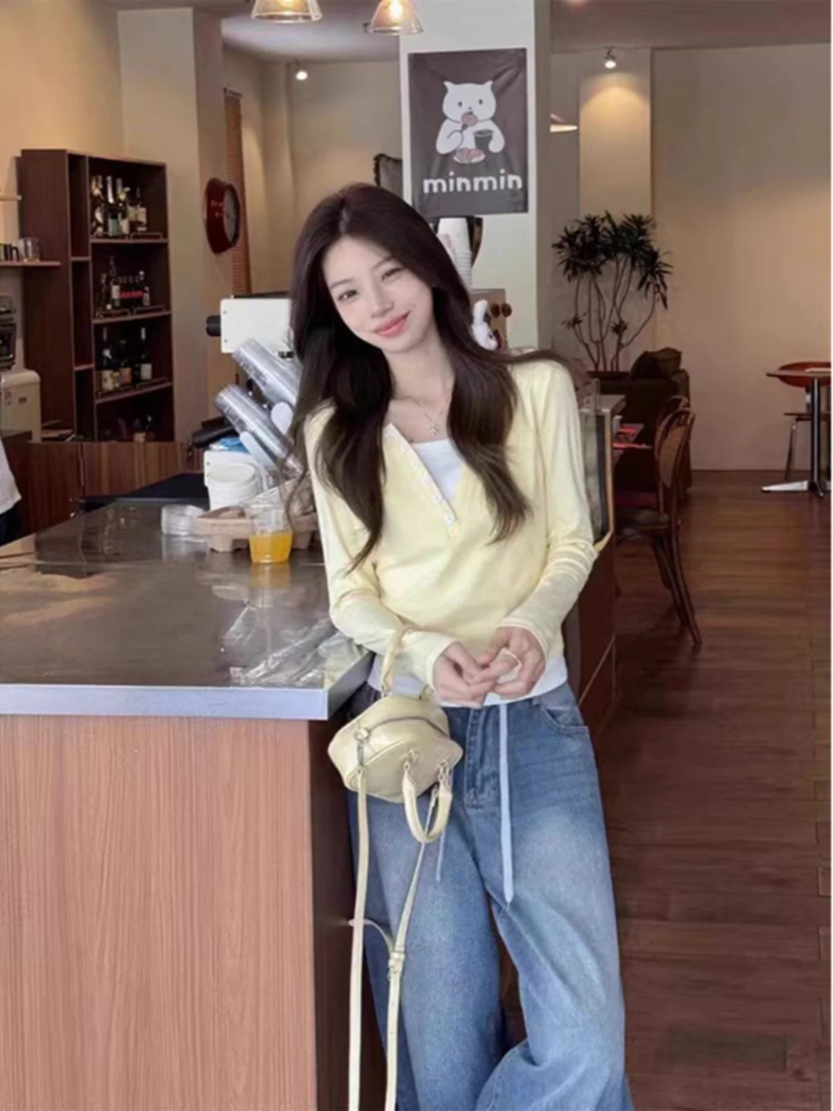 

Slim Fit ort Sve Women's T-irt Yellow Milk Color Long Sve Base irt Inner Wear oulder Length Top for Autumn